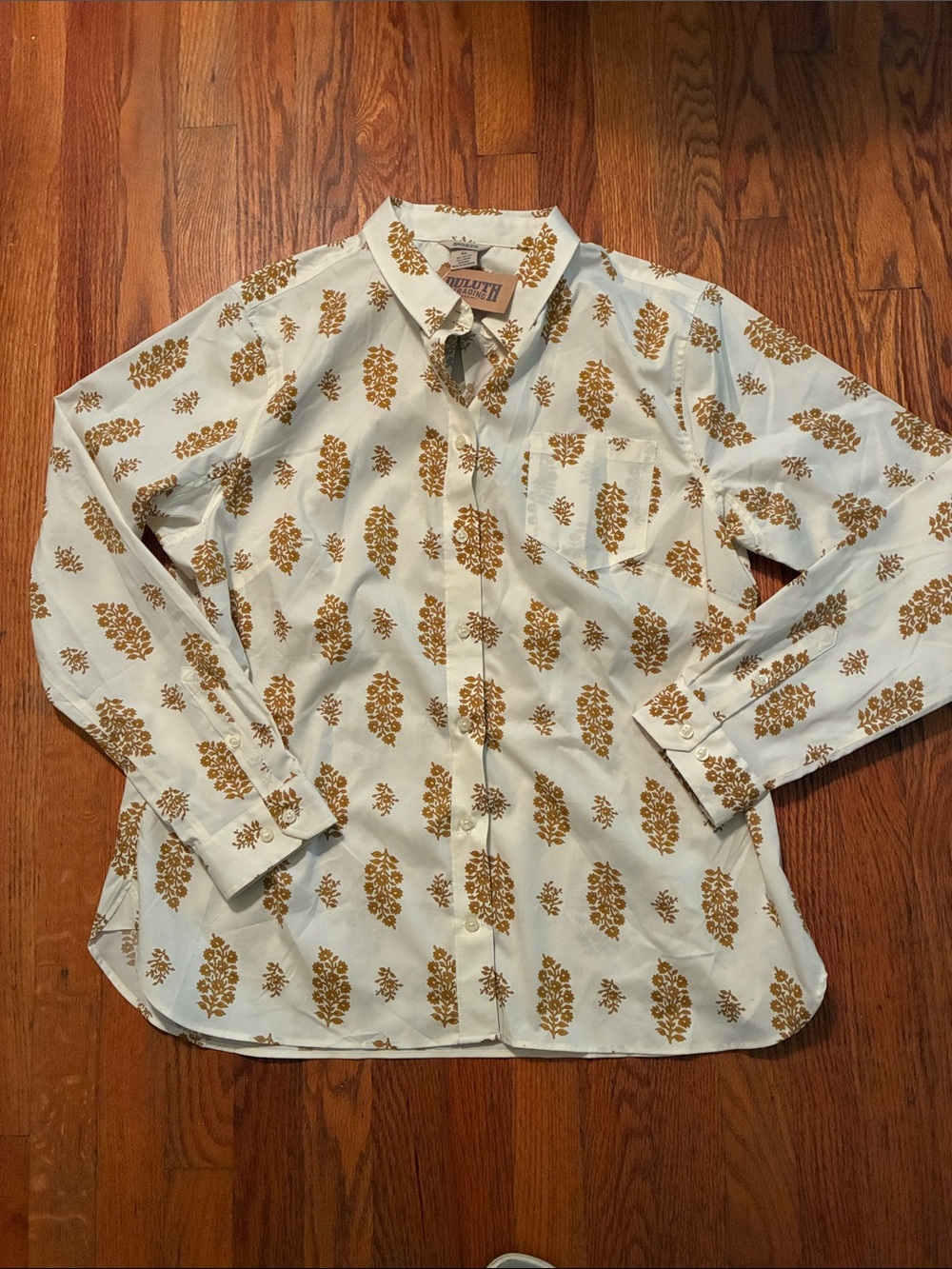 Duluth Trading Co Block-Print Button-Down with Gold Floral Print